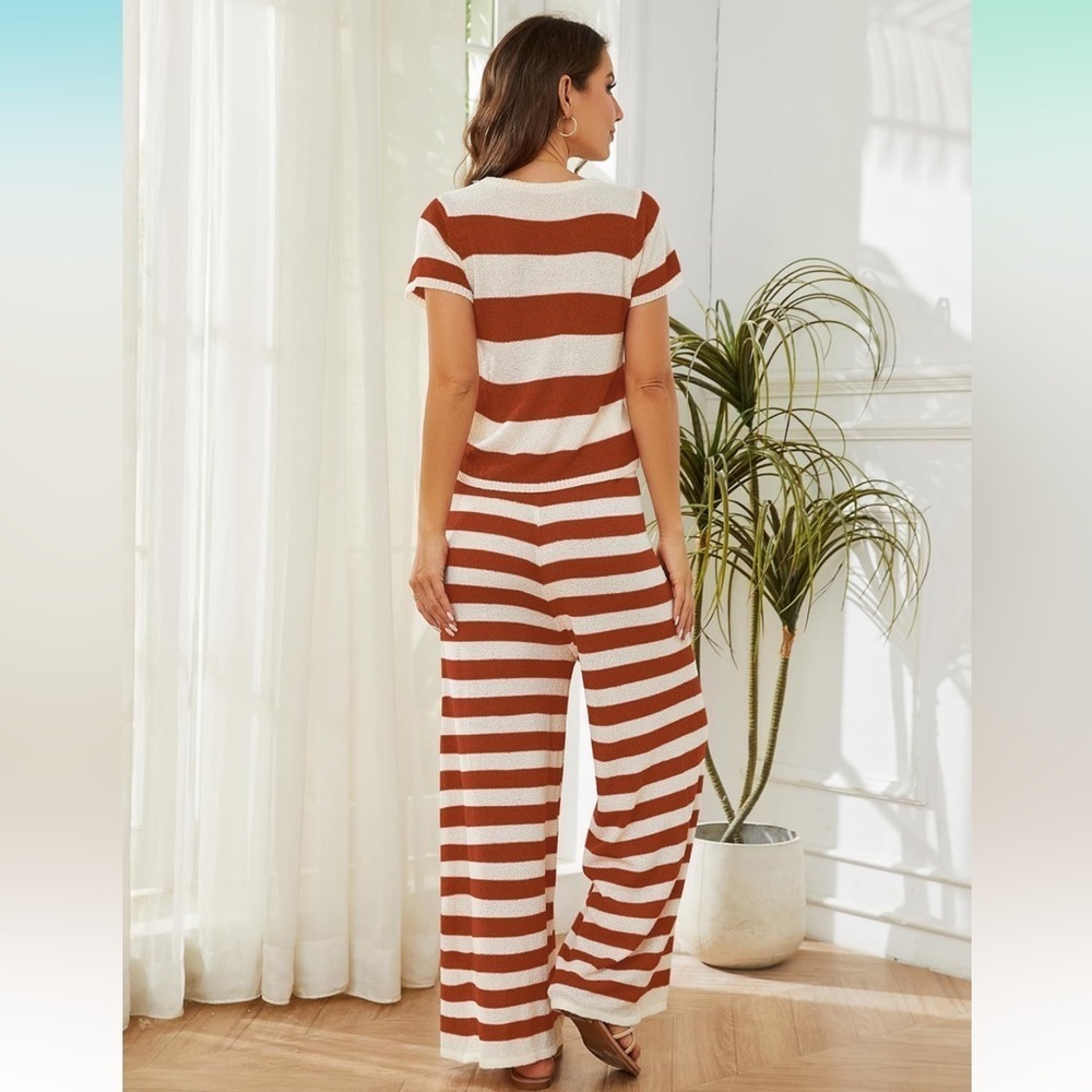 Striped 2 Piece Sweater Outfit Top w/ High Waisted Wide Leg Pants Lounge Set - Picture 3 of 5